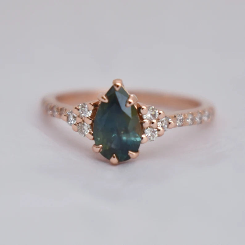 Solid Gold Teal Green Sapphire and Diamond Engagement Ring