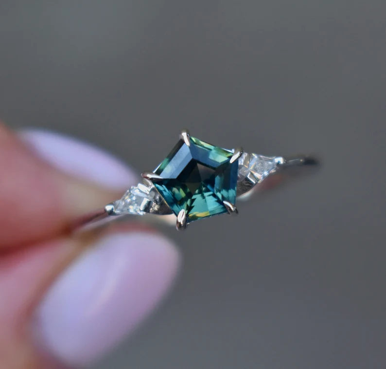 Solid Gold Pentagon Parti Sapphire Ring With Moissanites Ring