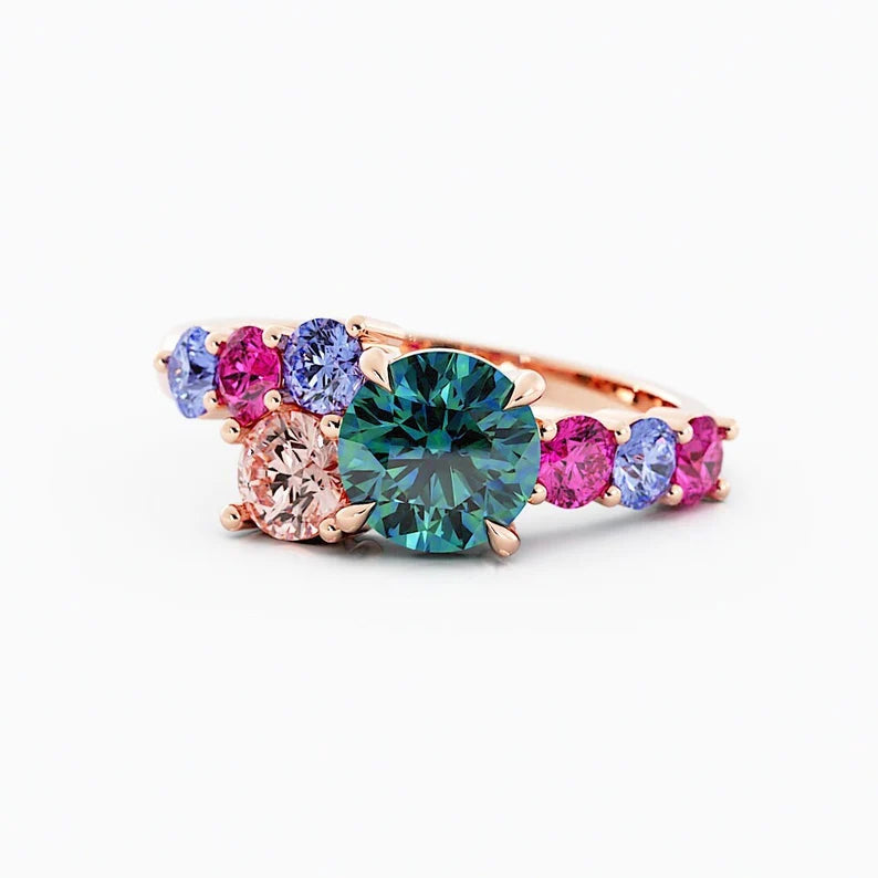 Solid Gold Rose Gold Teal Sapphire Rainbow Gemstone Cluster Ring