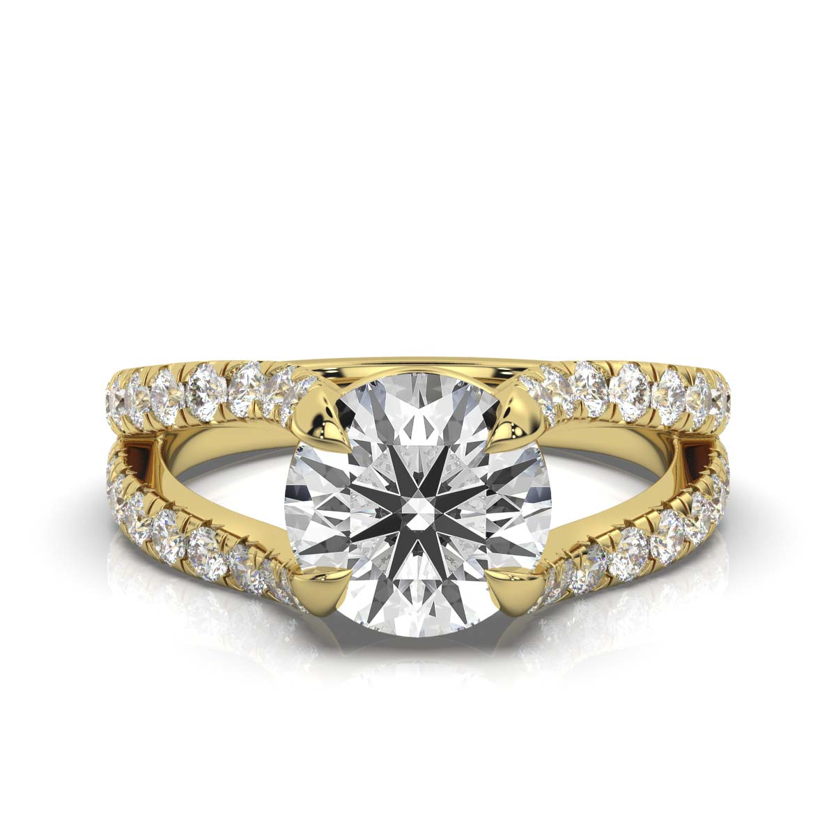 18K Solid Gold 2 CT Round Split Shank Diamond Ring with Diamond Accents