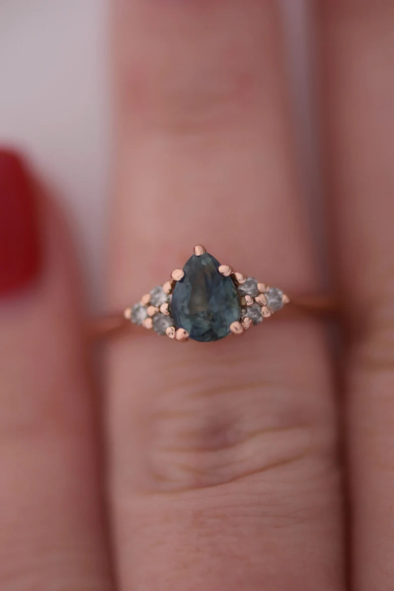 Solid Gold Teal Sapphire Engagement Ring Salt and Pepper Diamonds