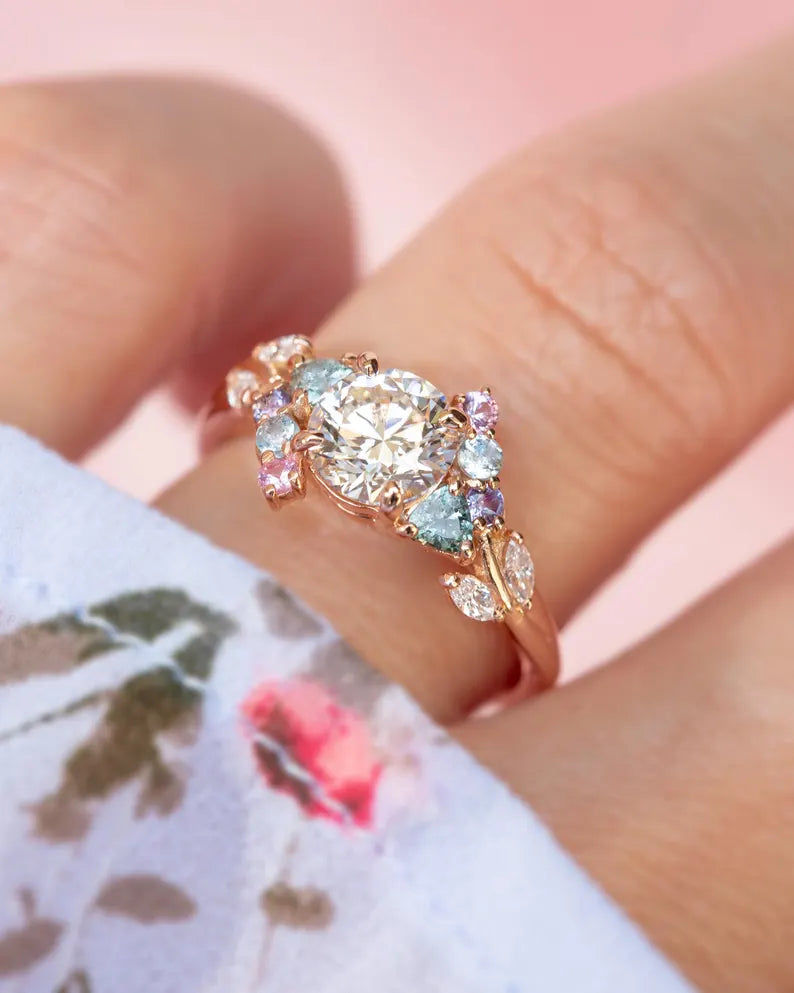 Solid Gold Nature Inspired Engagement Ring Diamond and Sapphire