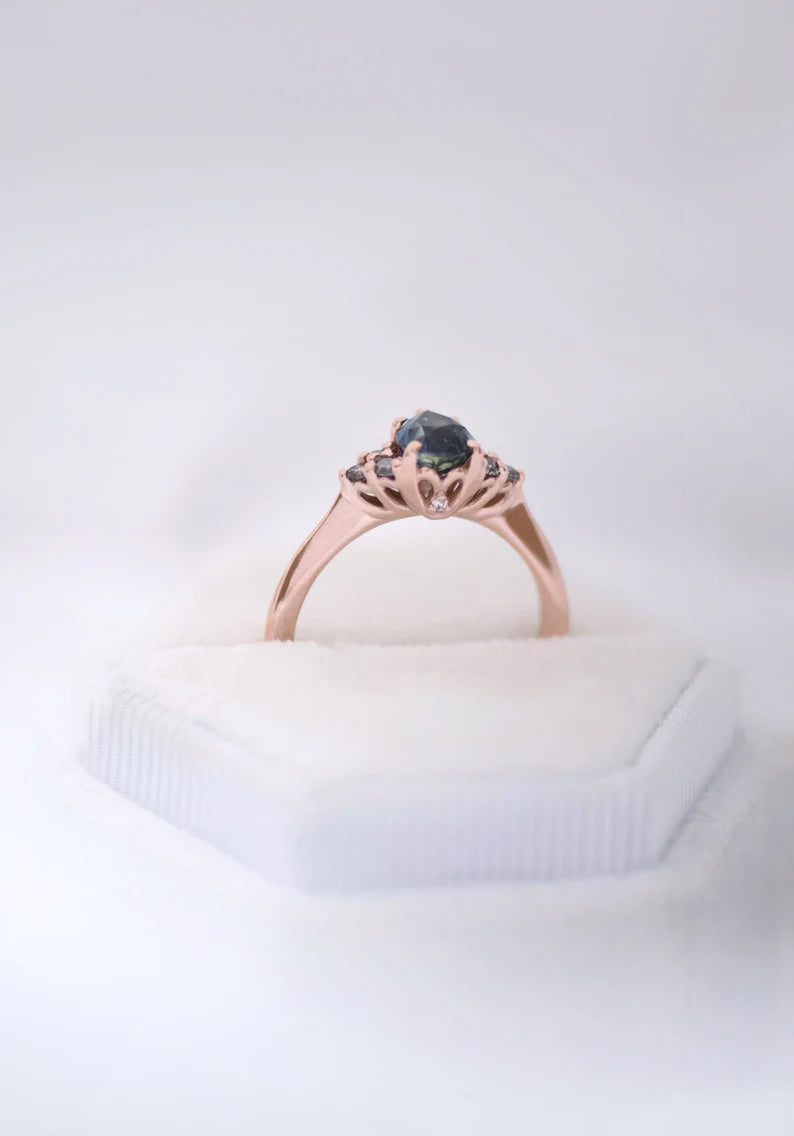 Solid Gold Teal Sapphire Engagement Ring Salt and Pepper Diamonds