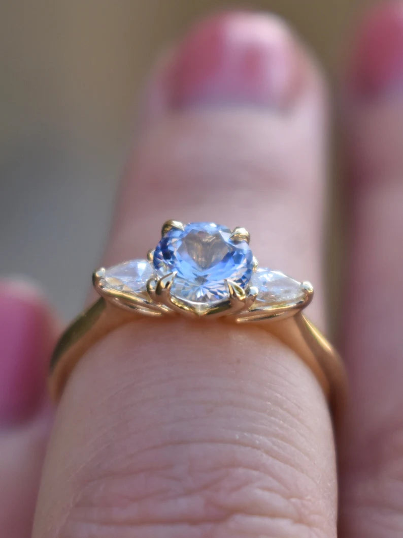 Solid Gold Engagement Ring Pastel Purple Sapphire and Pear Shape Diamonds