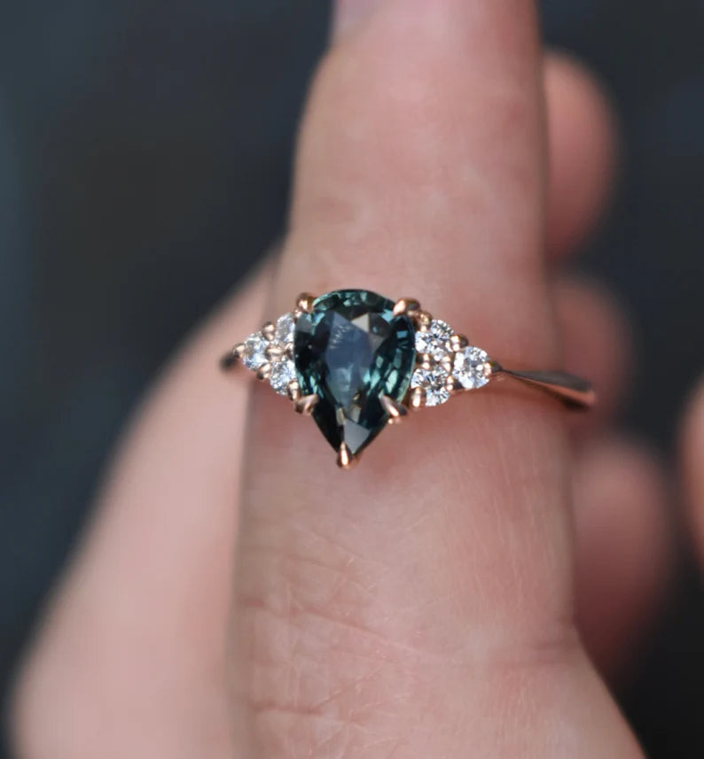 Solid Gold Teal Sapphire Engagement Ring Pear Shape