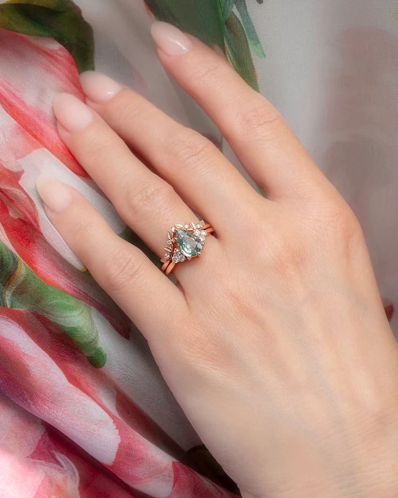 Solid Gold Pastel Green Sapphire and Diamond Engagement Ring