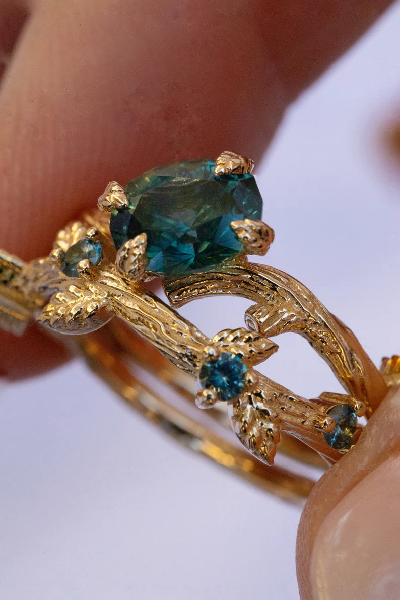 Solid Gold Leaf Twig Blue Green Montana Sapphire Ring Set
