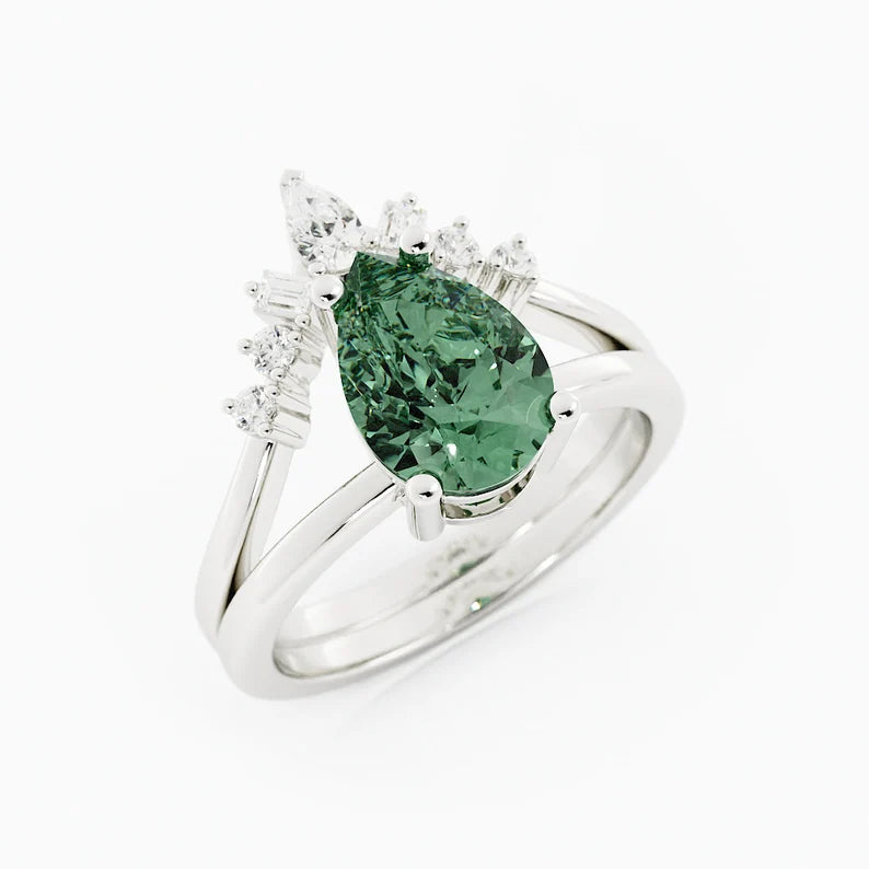 Solid Gold Teal Green Sapphire Engagement Ring Set With Diamonds