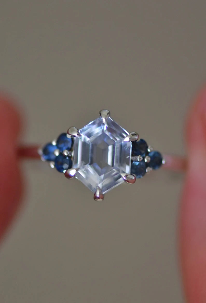 Solid Gold White Sapphire Hexagon Ring With Blue Montana Sapphires