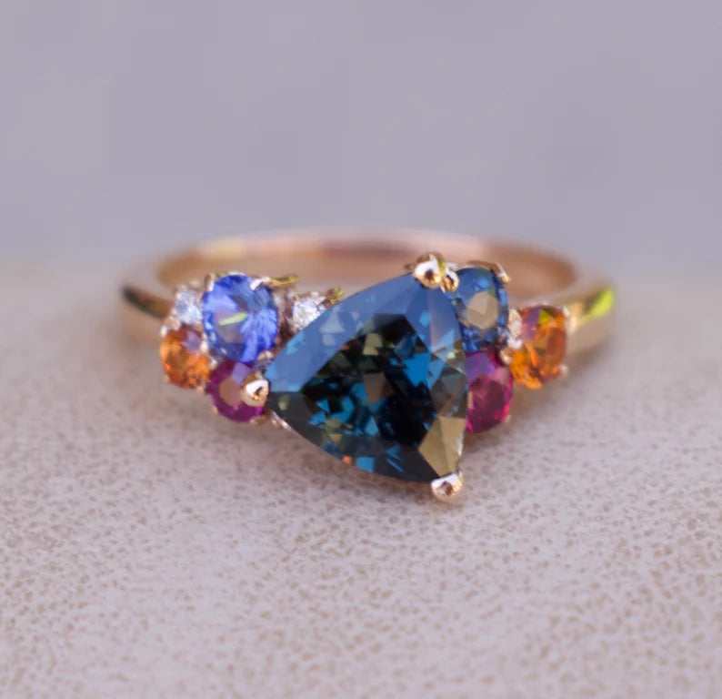 Solid Gold Teal Sapphire Cluster Engagement Ring