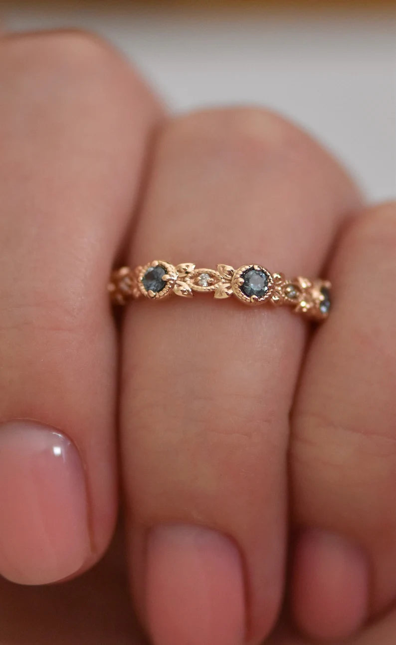 Solid Gold Floral Leaf Montana Sapphire Eternity Band Ring