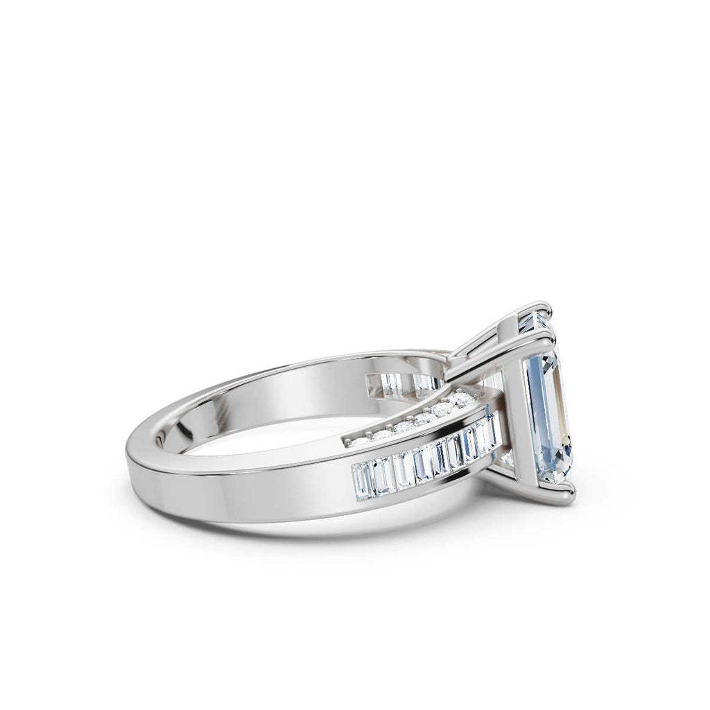 Solid Gold Emerald Cut Lab Grown Diamond Engagement Ring with Channel Set Ba