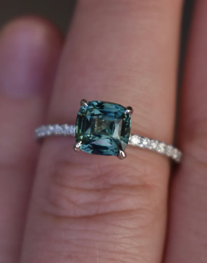 18K Solid Gold 2 CT Teal Sapphire Hidden Halo Diamond Engagement Ring
