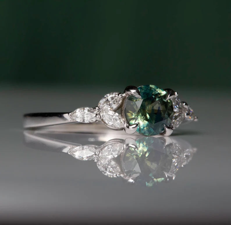 Solid Gold Oval Teal Green Montana Sapphire Ring