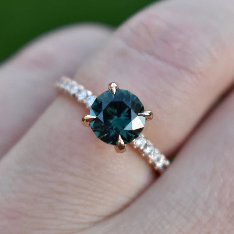 Solid Gold Teal Green Sapphire and Diamond Engagement Ring Set