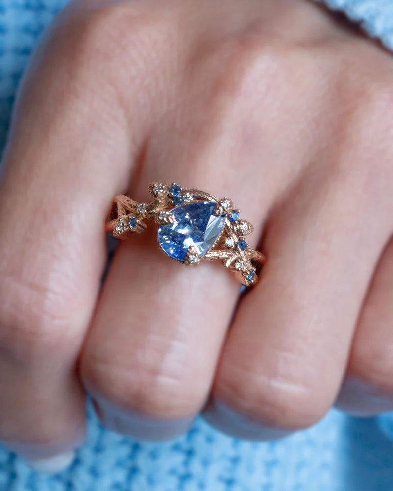 Solid Gold Pastel Blue Sapphire Leaf Engagement Ring