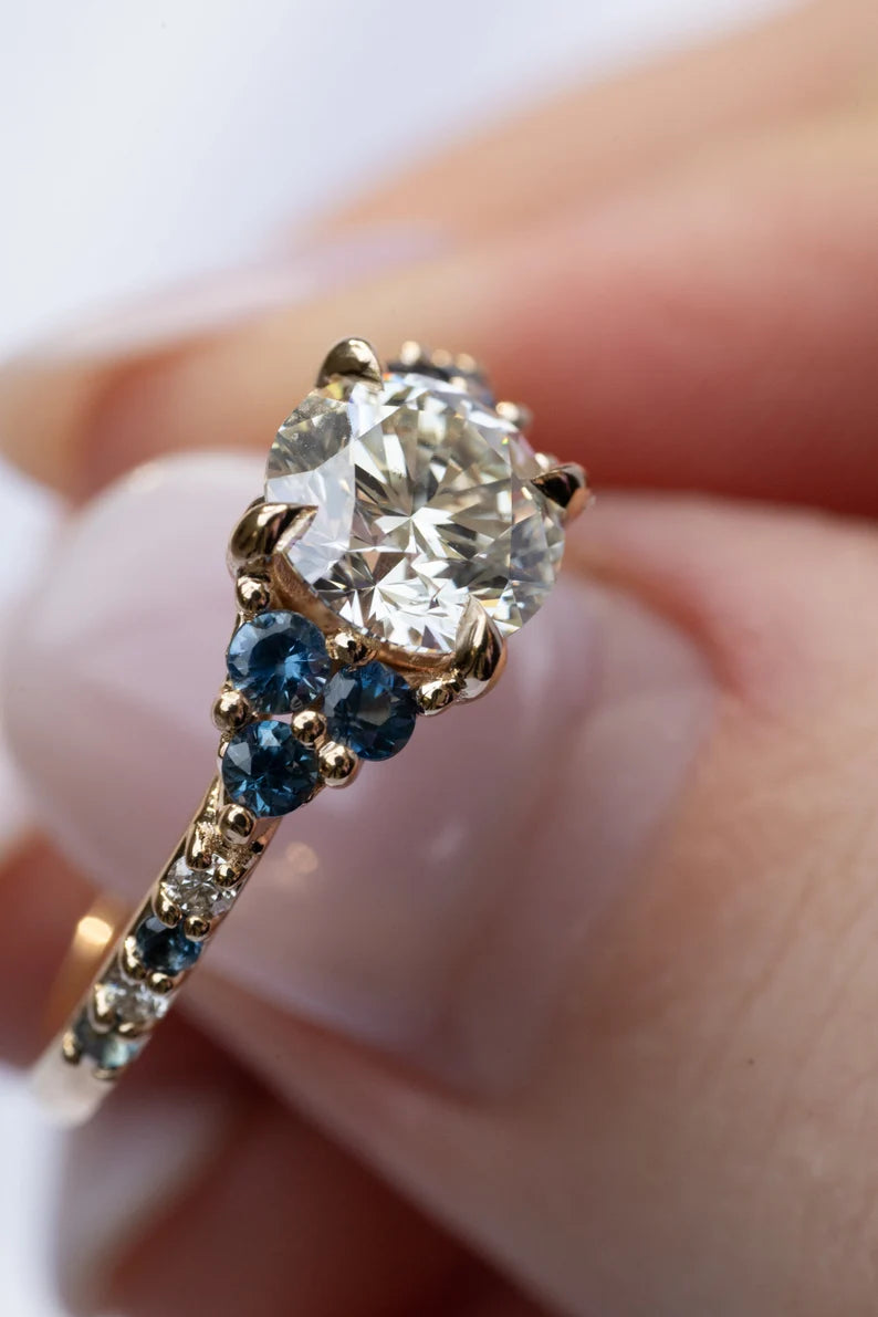 18K Solid Gold Natural Diamond and Sapphire Engagement Ring - Style A