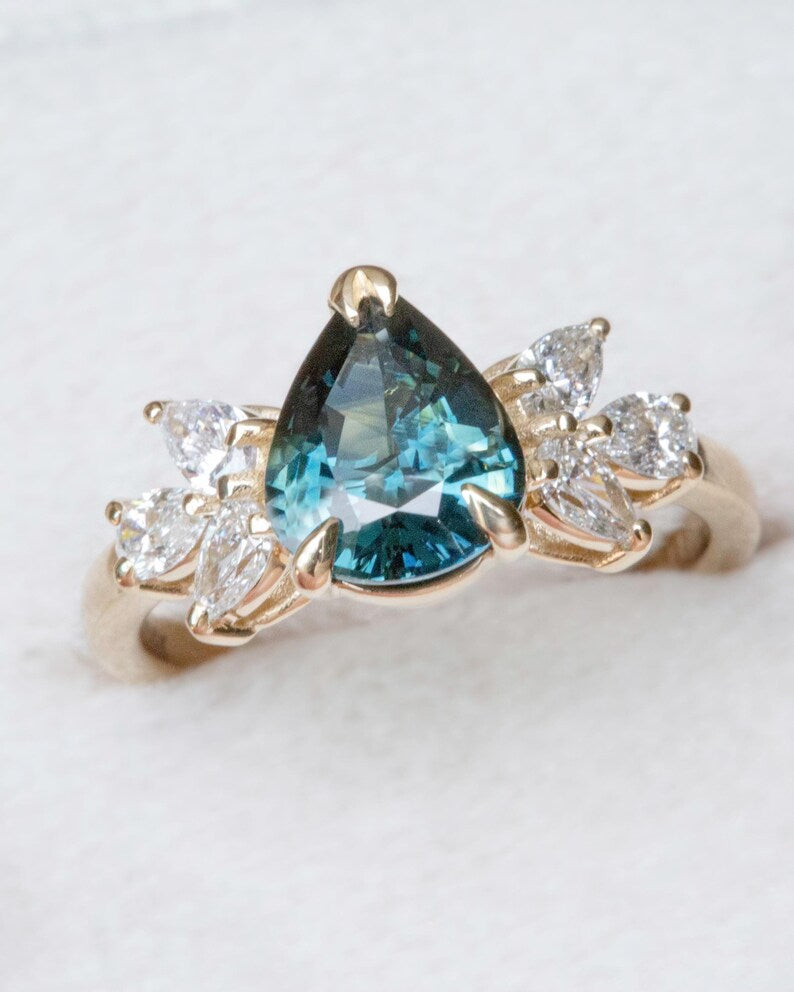 Solid Gold Celeste Teal Sapphire and Diamond Engagement Ring