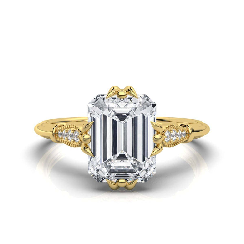 Solid Gold Engagement Ring Emerald Cut Lab Grown Diamond Vintage Milgrain