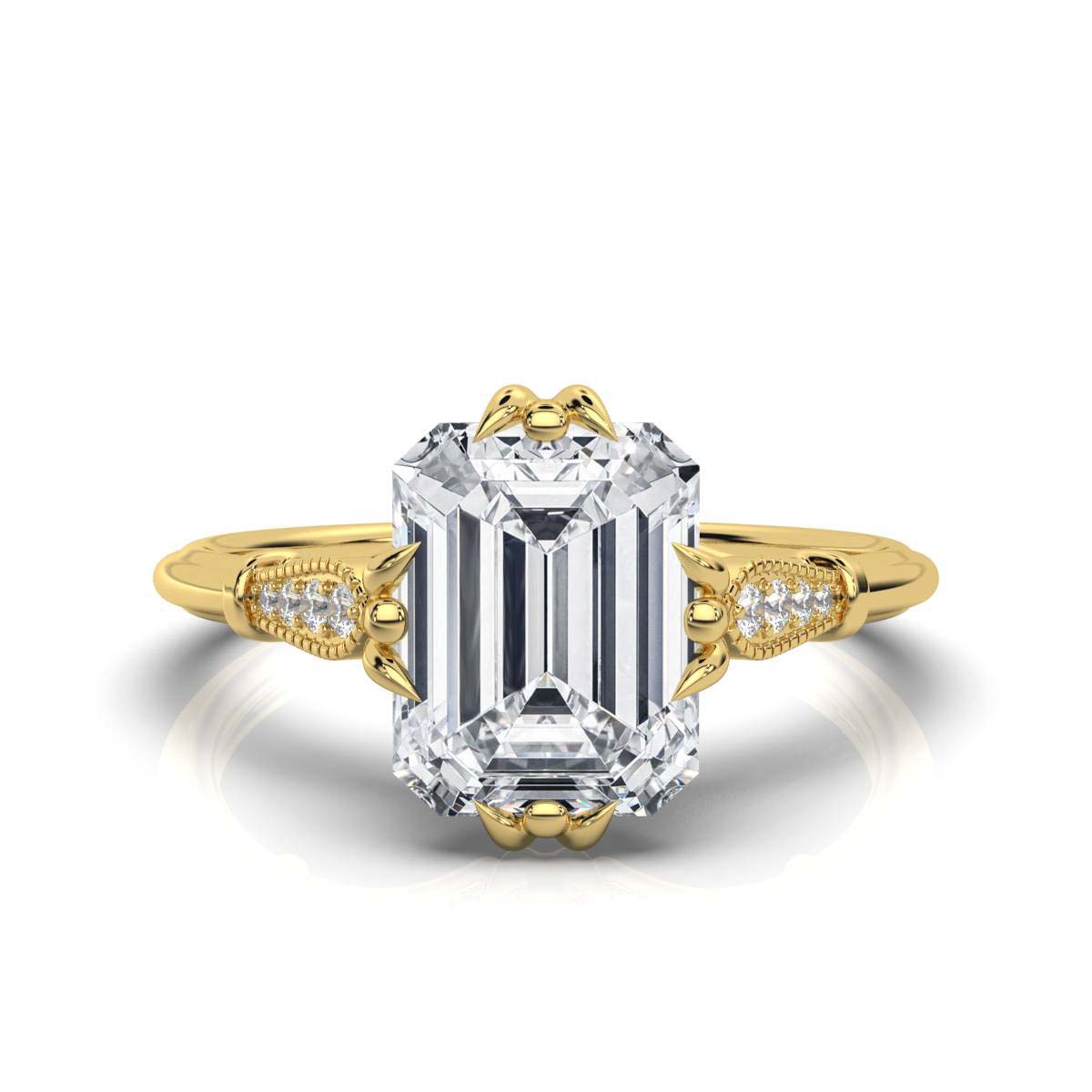 Solid Gold Engagement Ring Emerald Cut Lab Grown Diamond Vintage Milgrain