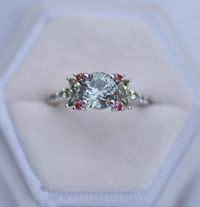 Solid Gold Nature Inspired Leaf Ring Pink Sapphire and Diamonds