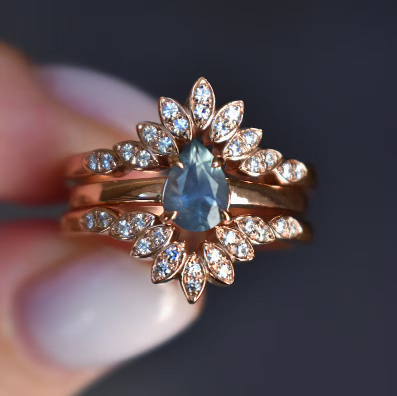 Solid Gold Pear Teal Montana Sapphire Solitaire Ring