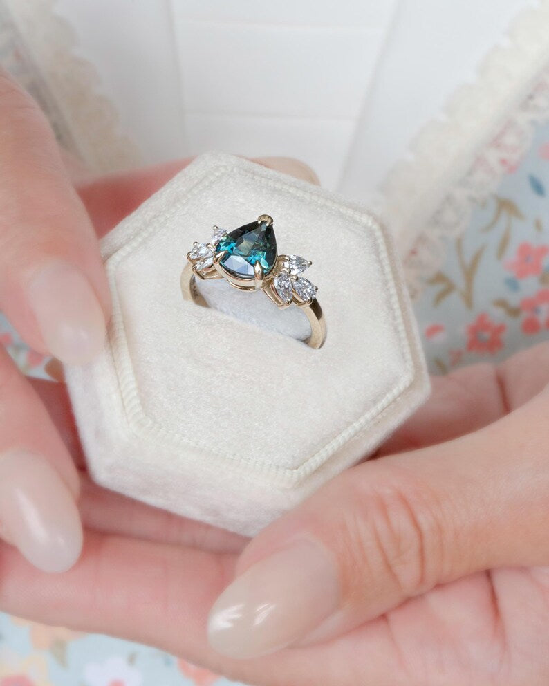 Solid Gold Celeste Teal Sapphire and Diamond Engagement Ring
