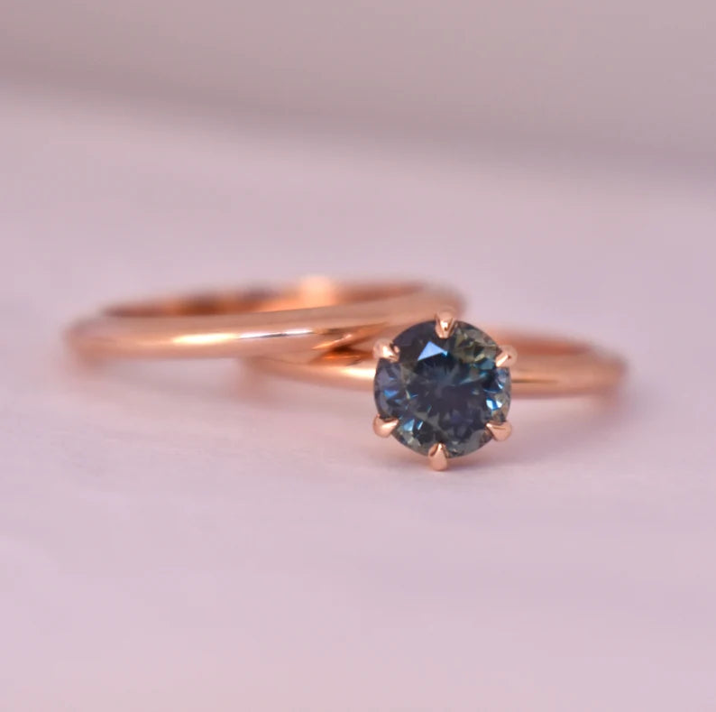 Solid Gold Rose Gold Montana Sapphire Solitaire Ring Set