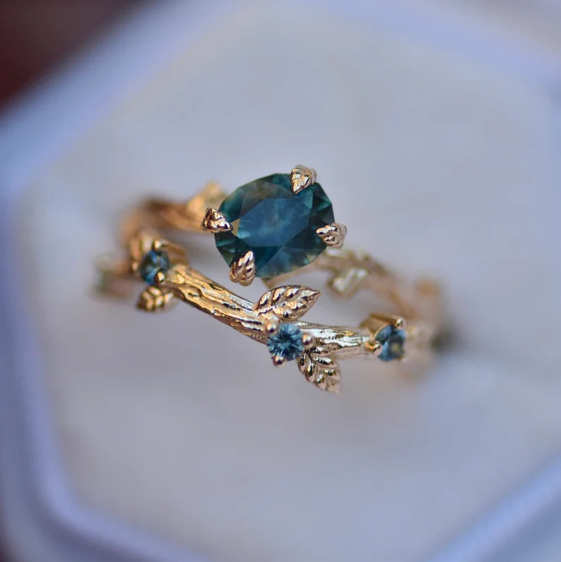 Solid Gold Leaf Twig Blue Green Montana Sapphire Ring Set