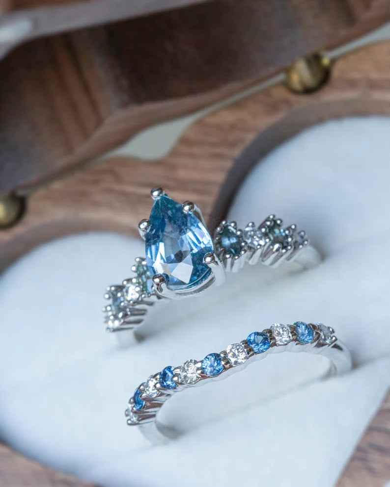 Solid Gold Teal Sapphire and Diamond Wedding Band