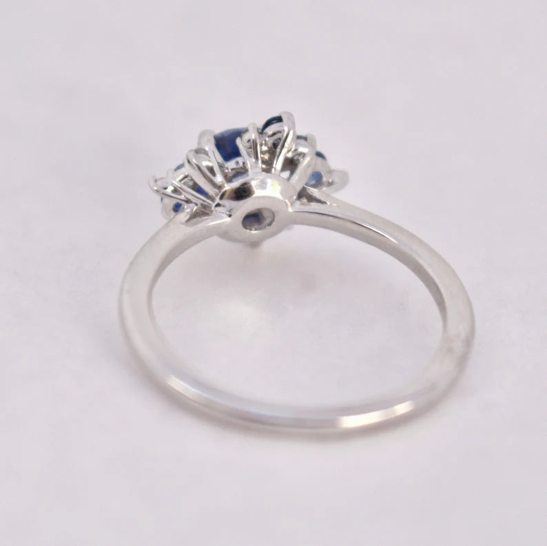 Solid Gold Round Blue Sapphire Diamond Ring Set