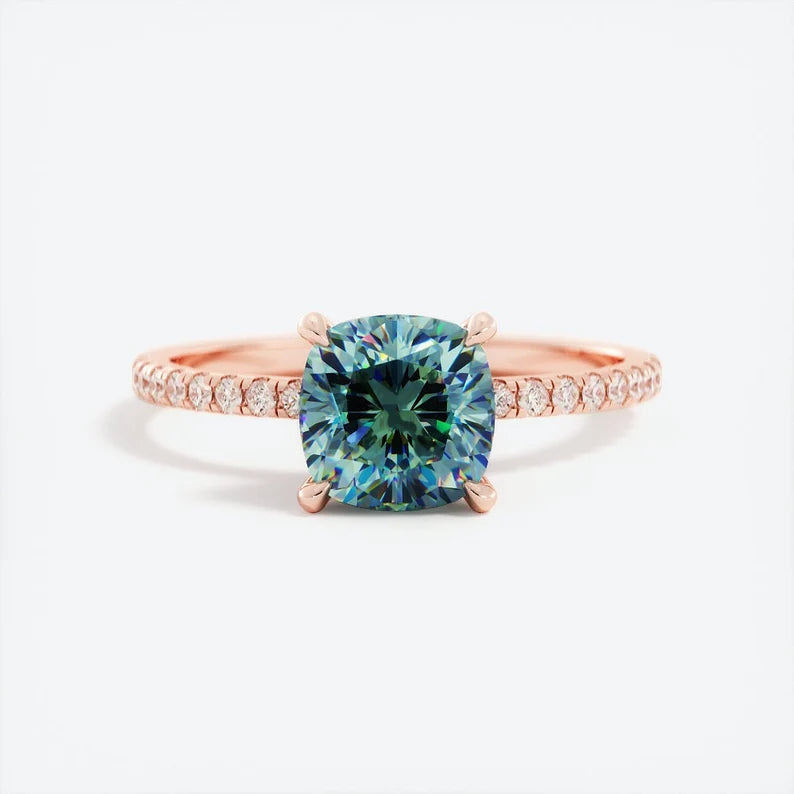 18K Solid Gold 1.2 CT Teal Sapphire Hidden Halo Diamond Engagement Ring