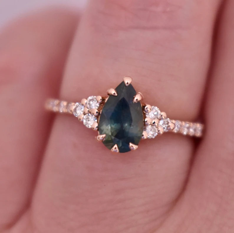 Solid Gold Teal Green Sapphire and Diamond Engagement Ring