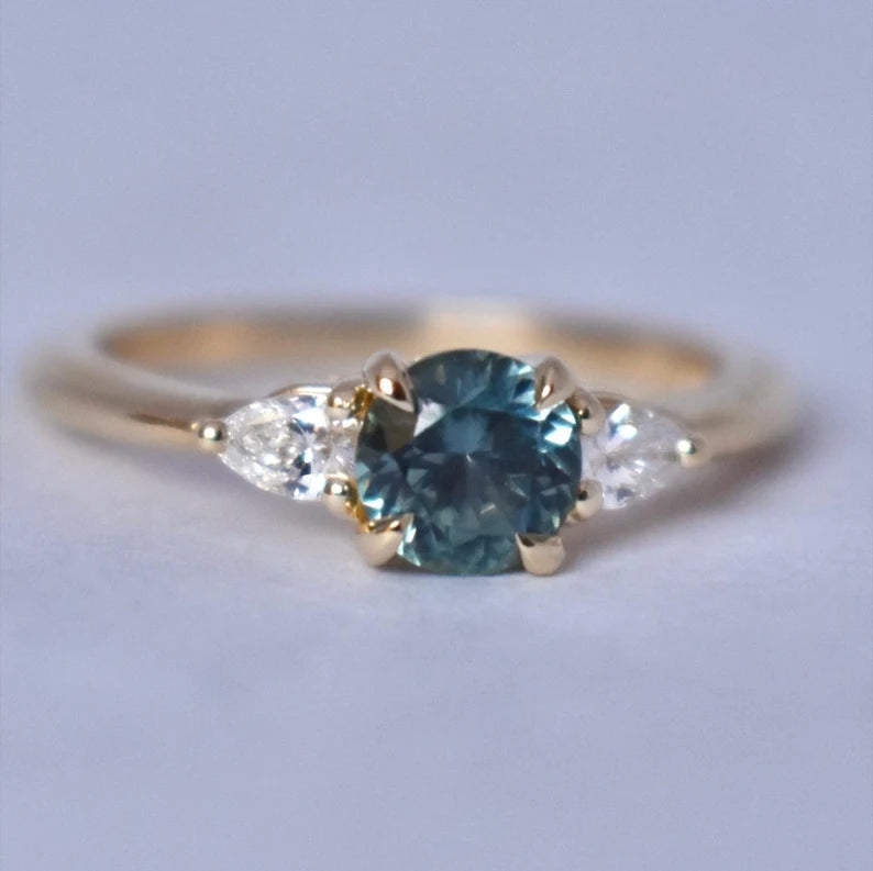 Solid Gold Teal Green Montana Sapphire Three Stone Ring