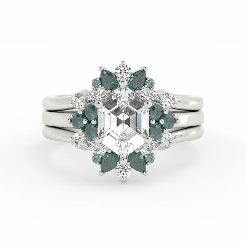 Solid Gold Engagement Ring Hexagon Lab Grown Diamond and Natural Sapphire