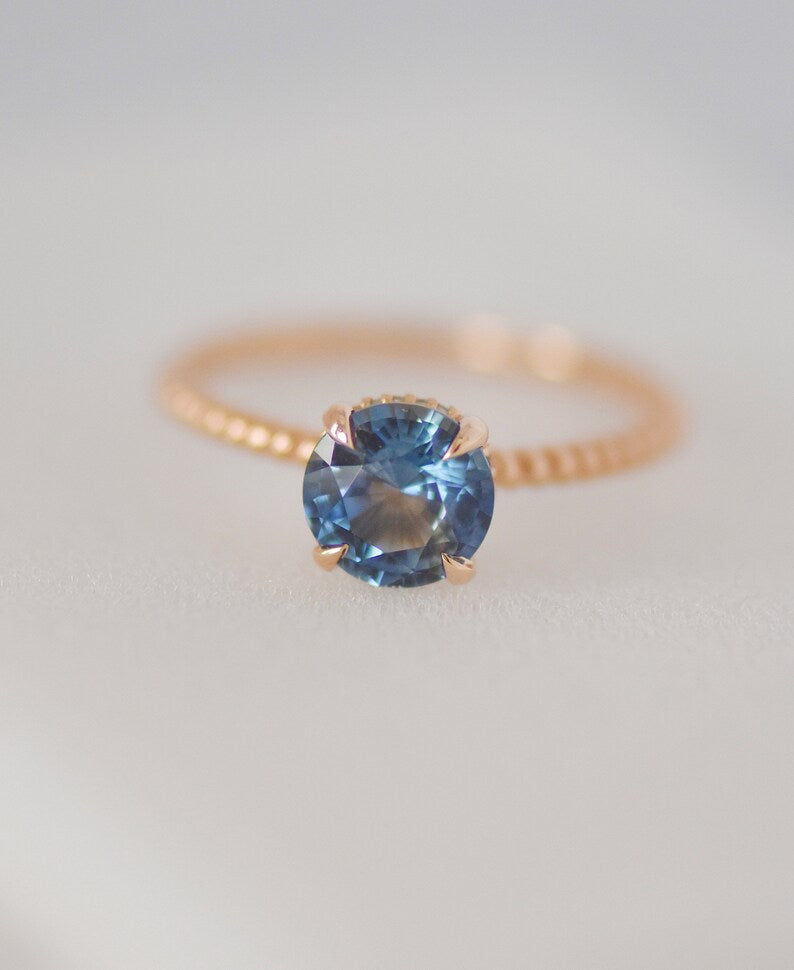 Solid Gold Pastel Blue Sapphire Hidden Halo Diamond Engagement Ring (33E89A)