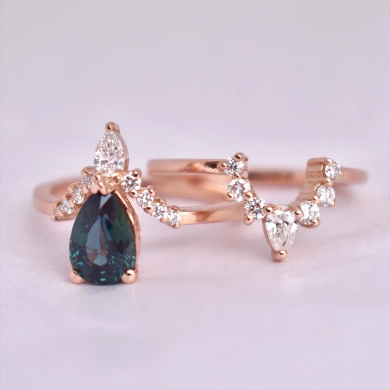 Solid Gold Teal Sapphire Engagement Ring With Diamonds