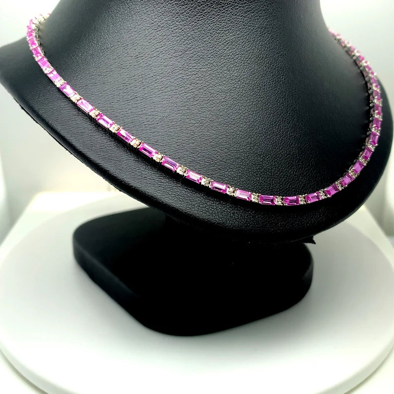 Solid Gold Tennis Necklace Rosé Baguette Brilliance 18K Pink Sapphire & Diamond
