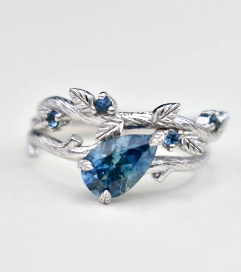Solid Gold White Gold Pear Sapphire Leaf Engagement Ring Set