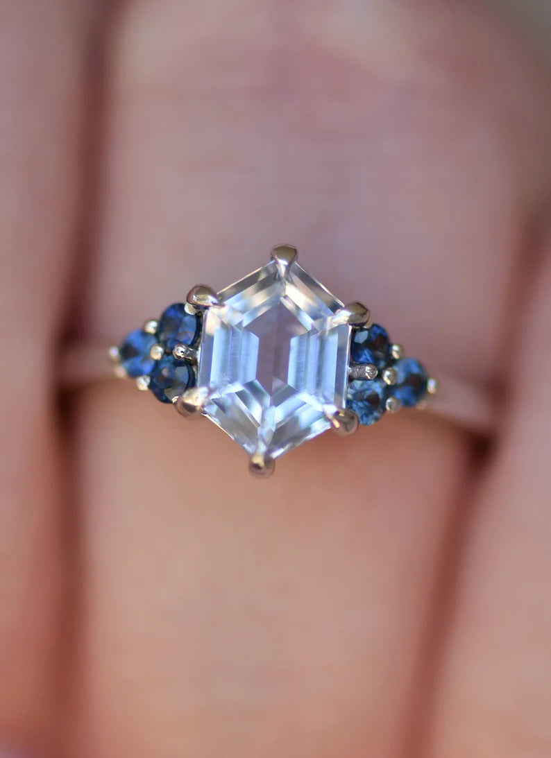 Solid Gold White Sapphire Hexagon Ring With Blue Montana Sapphires
