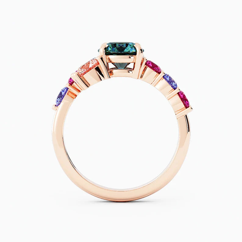Solid Gold Rose Gold Teal Sapphire Rainbow Gemstone Cluster Ring
