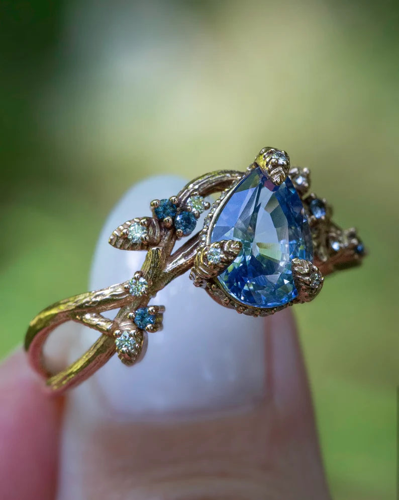 Solid Gold Pastel Blue Sapphire Leaf Engagement Ring