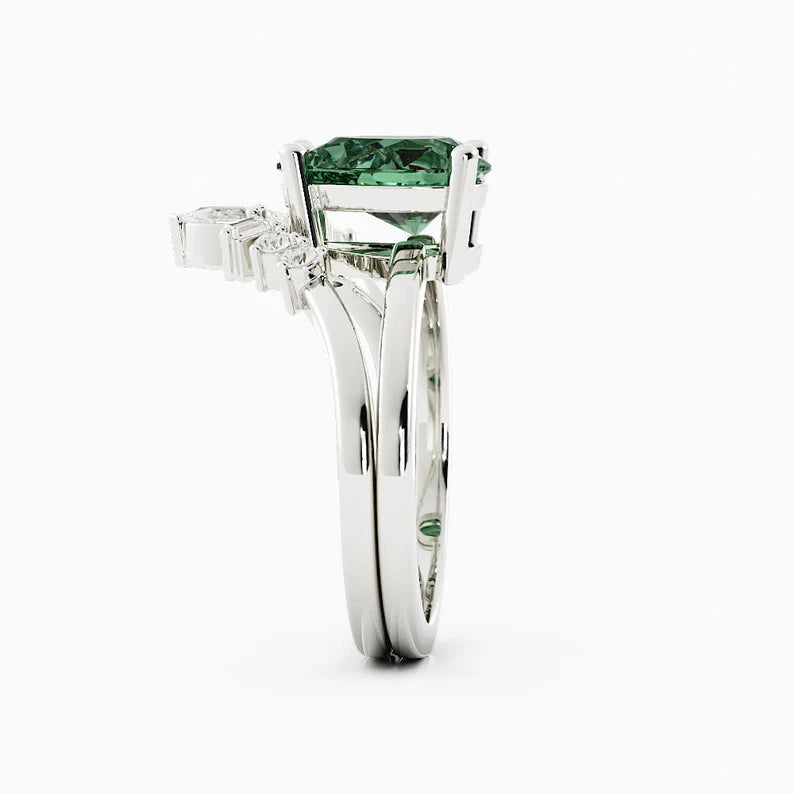 Solid Gold Teal Green Sapphire Engagement Ring Set With Diamonds