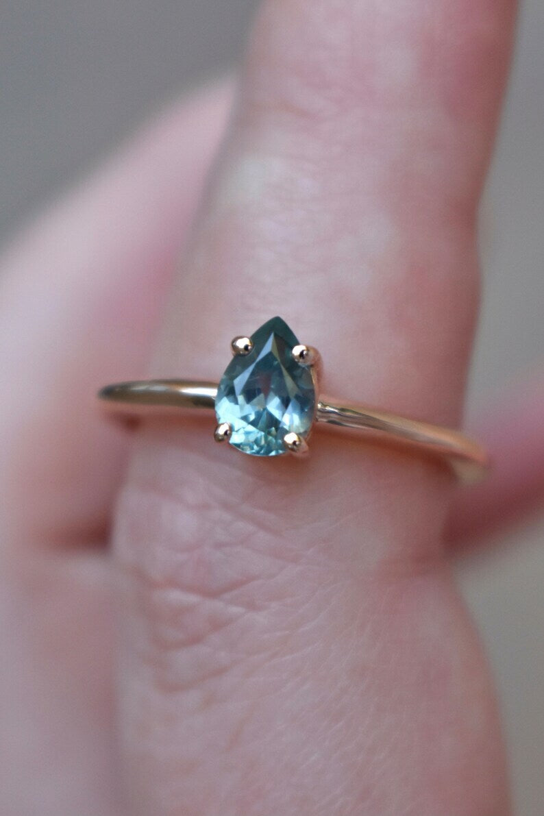 Solid Gold Pear Teal Montana Sapphire Solitaire Ring
