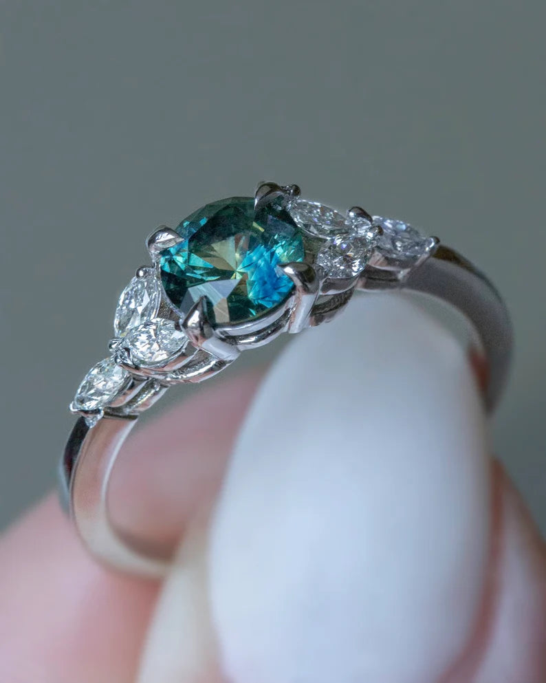 Solid Gold Oval Teal Green Montana Sapphire Ring