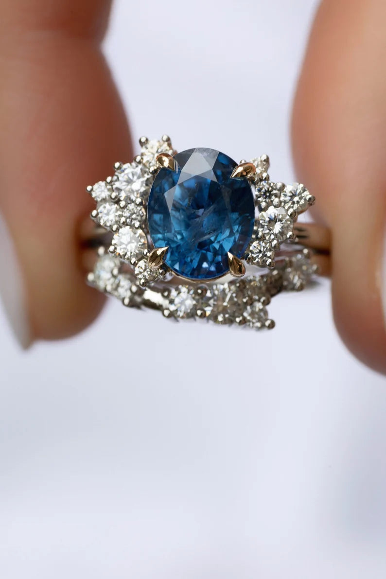 Solid Gold Oval Blue Sapphire Engagement Ring Set