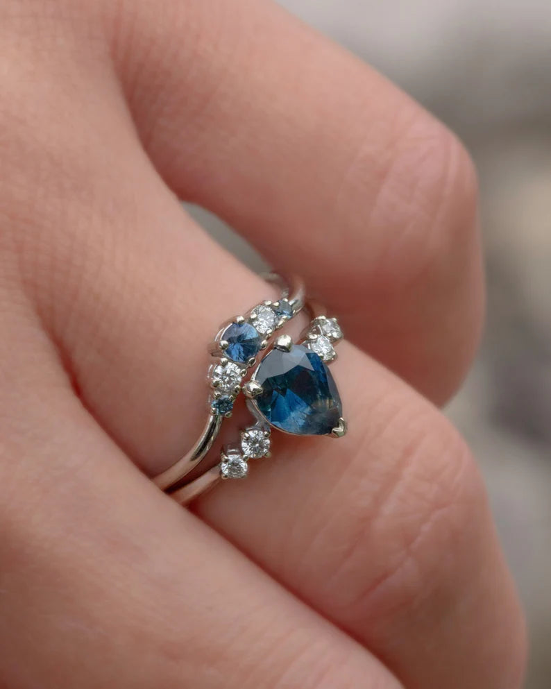 Solid Gold White Gold Pear Teal Blue Montana Sapphire Ring Set