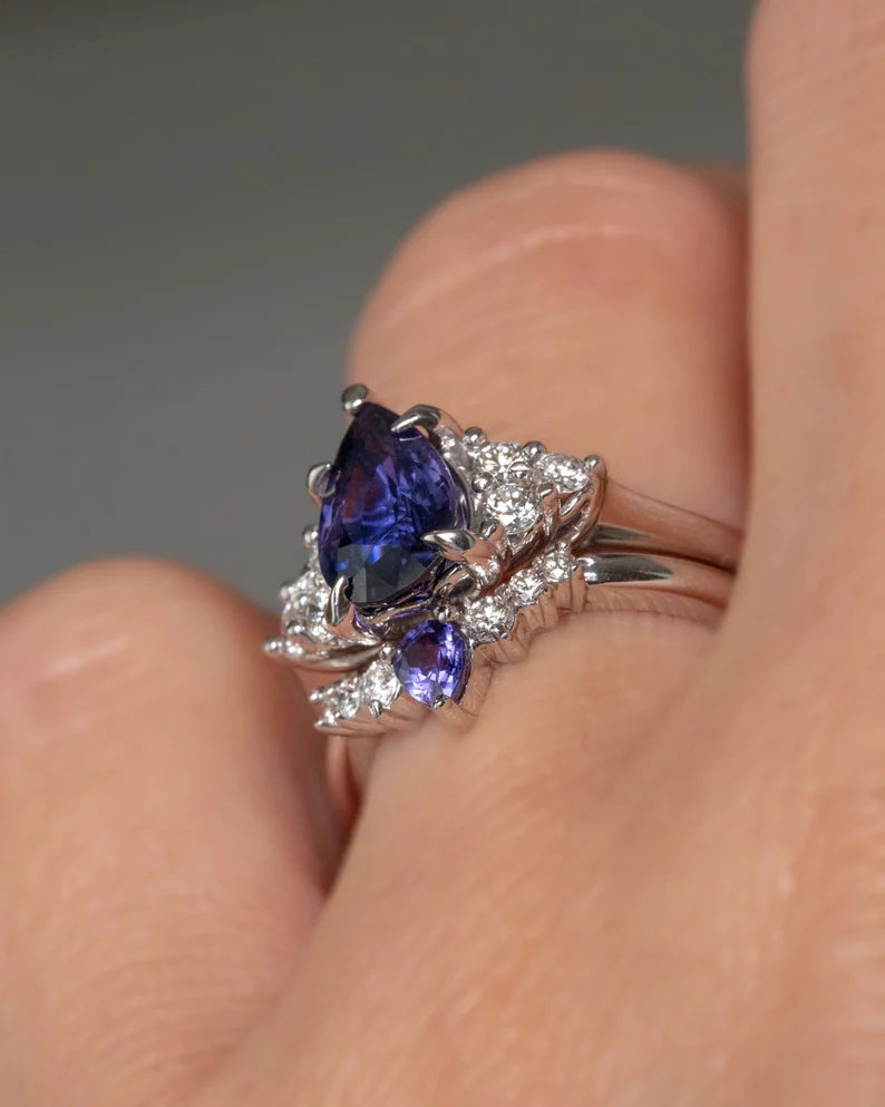 Solid Gold Purple Sapphire Engagement Ring Set Diamonds