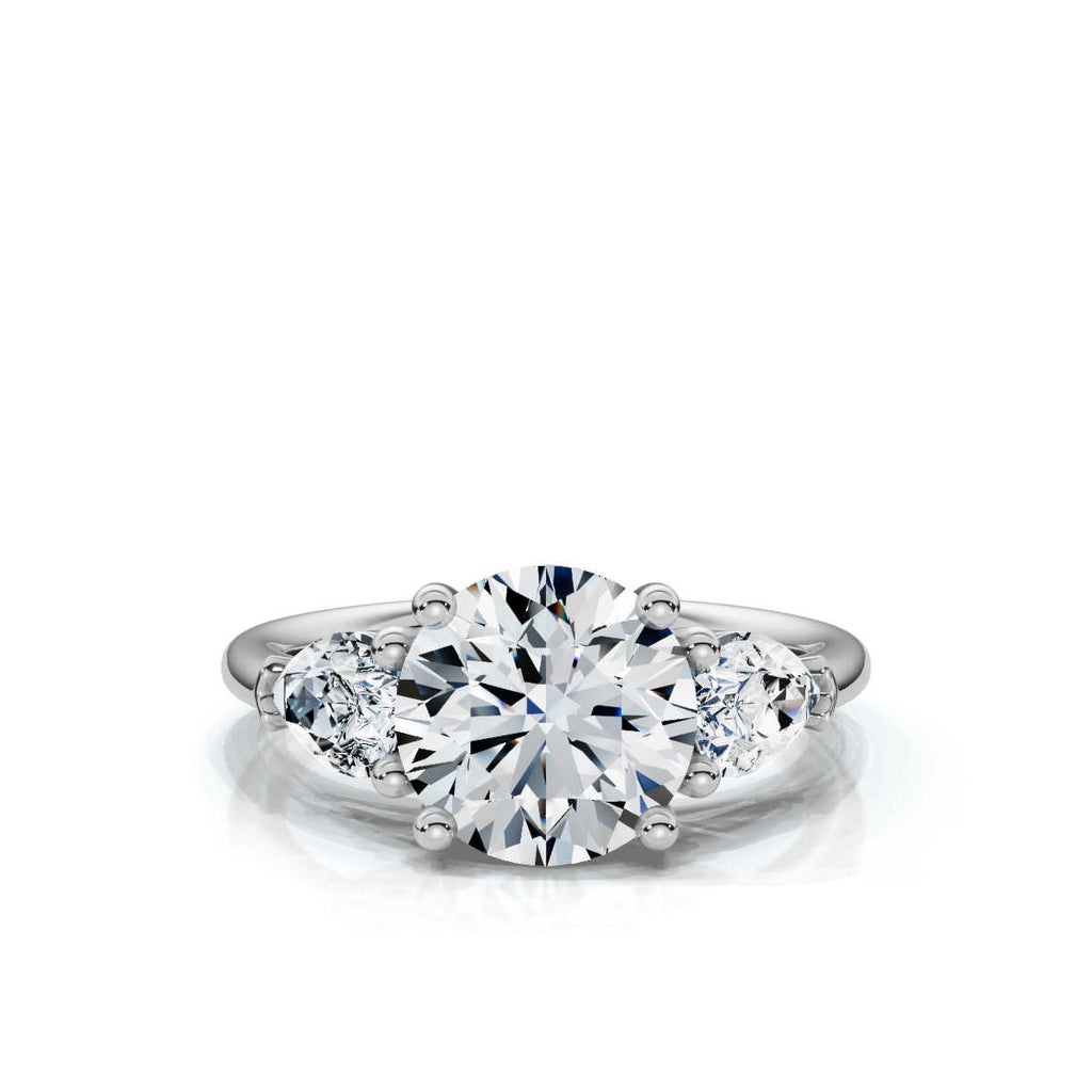 Solid Gold Three Stone Pear & Round Lab Grown Diamond Engagement Ring