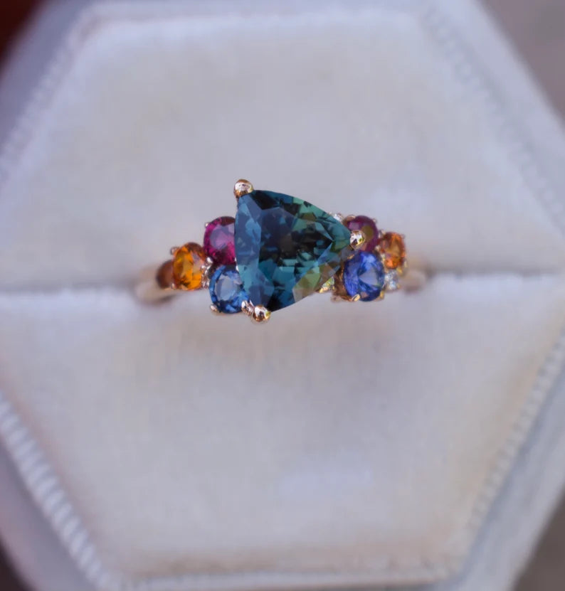 Solid Gold Teal Sapphire Cluster Engagement Ring